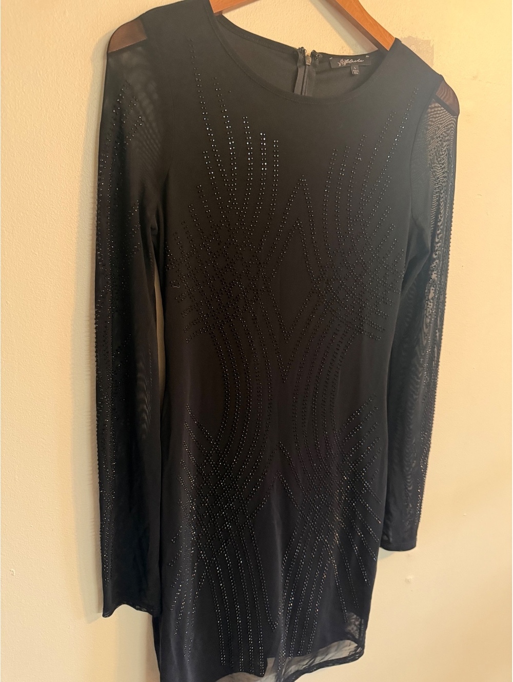 Black Mini Dress Sheer Rhinestones Western Ella Langley Size Large